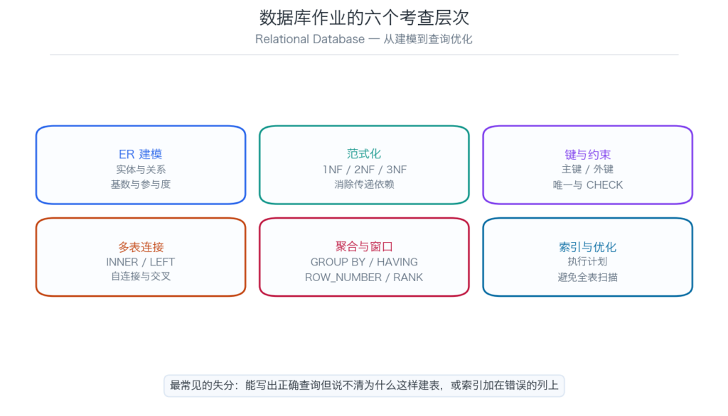 数据库作业从 ER 建模到查询优化的六个考查层次