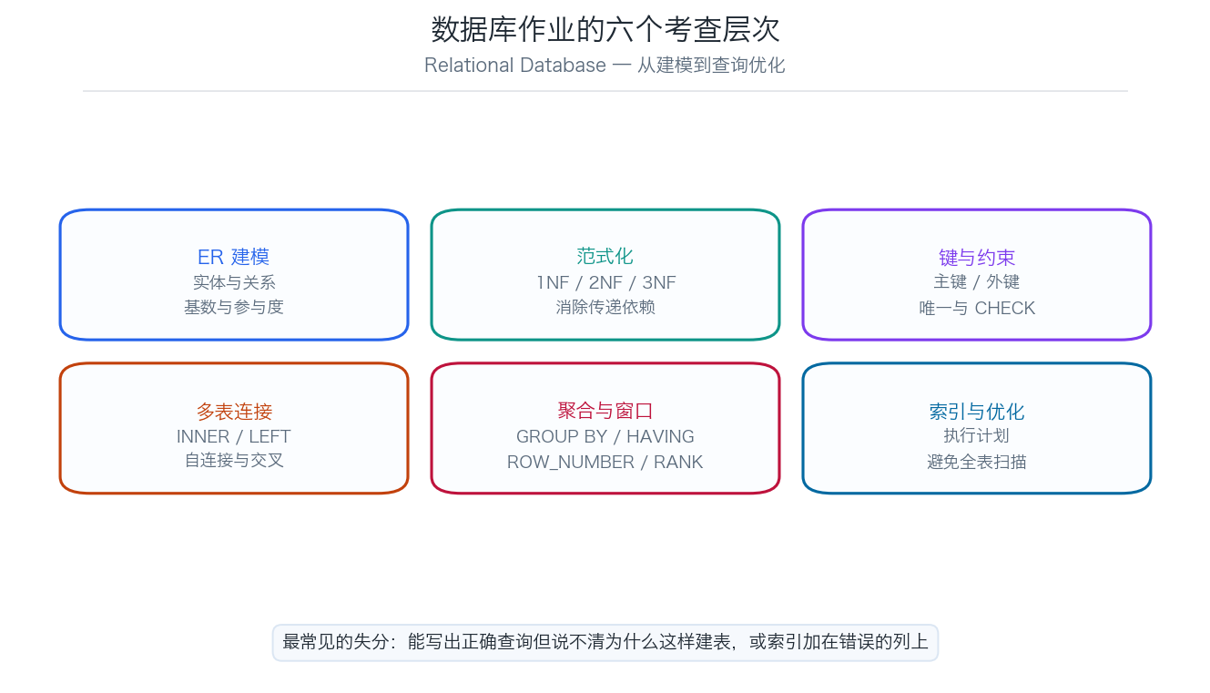 数据库作业从 ER 建模到查询优化的六个考查层次