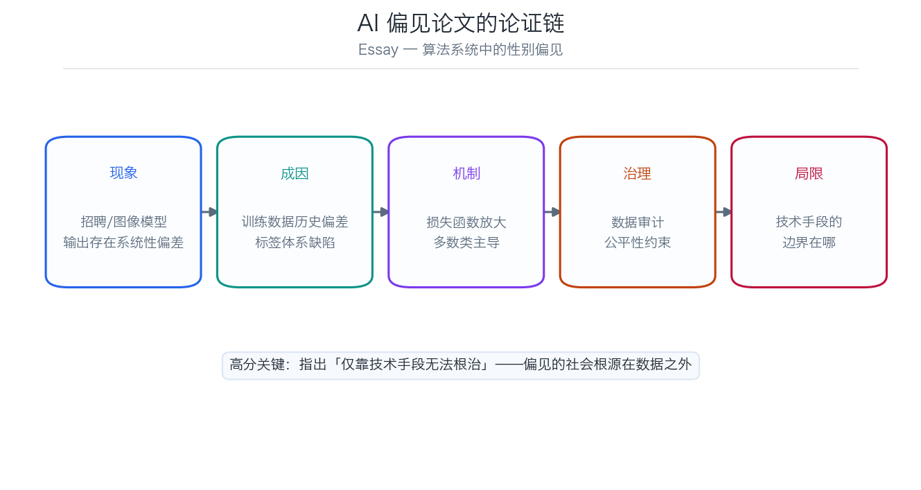 AI 性别偏见论文论证链示意图