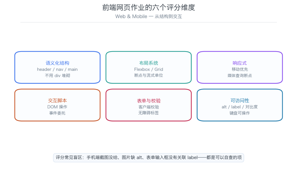 前端网页作业的六个评分维度示意图