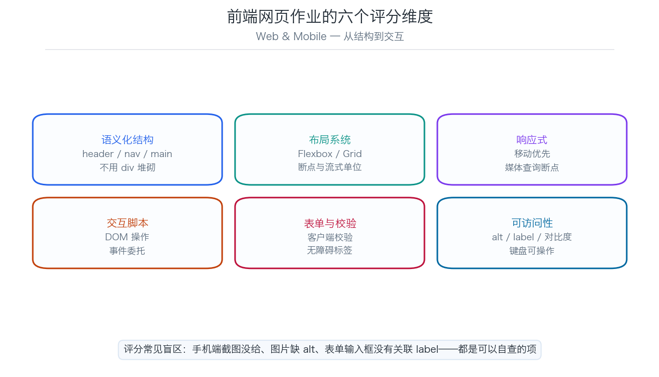 前端网页作业的六个评分维度示意图