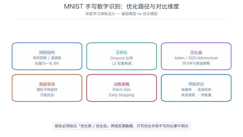 MNIST 手写数字识别模型优化的六个对比维度示意图