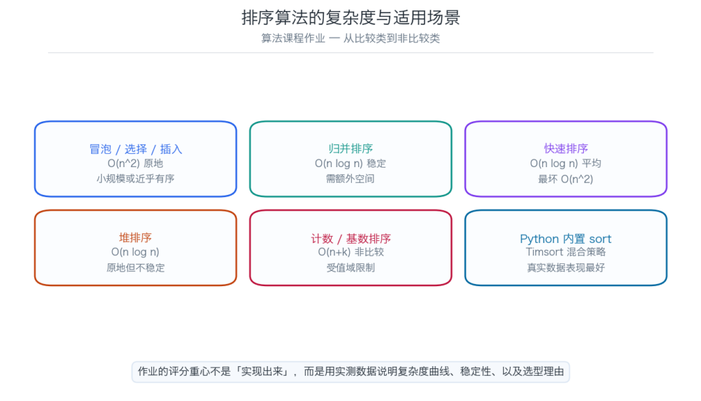 排序算法复杂度与适用场景六项对照图