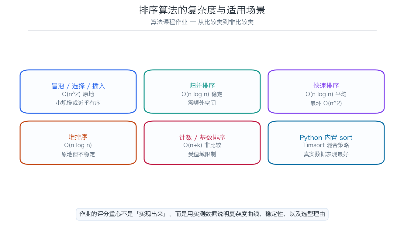 排序算法复杂度与适用场景六项对照图